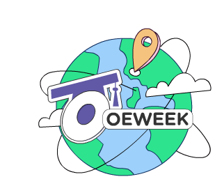 A paper plane flies around the globe, where it reads OEWeek